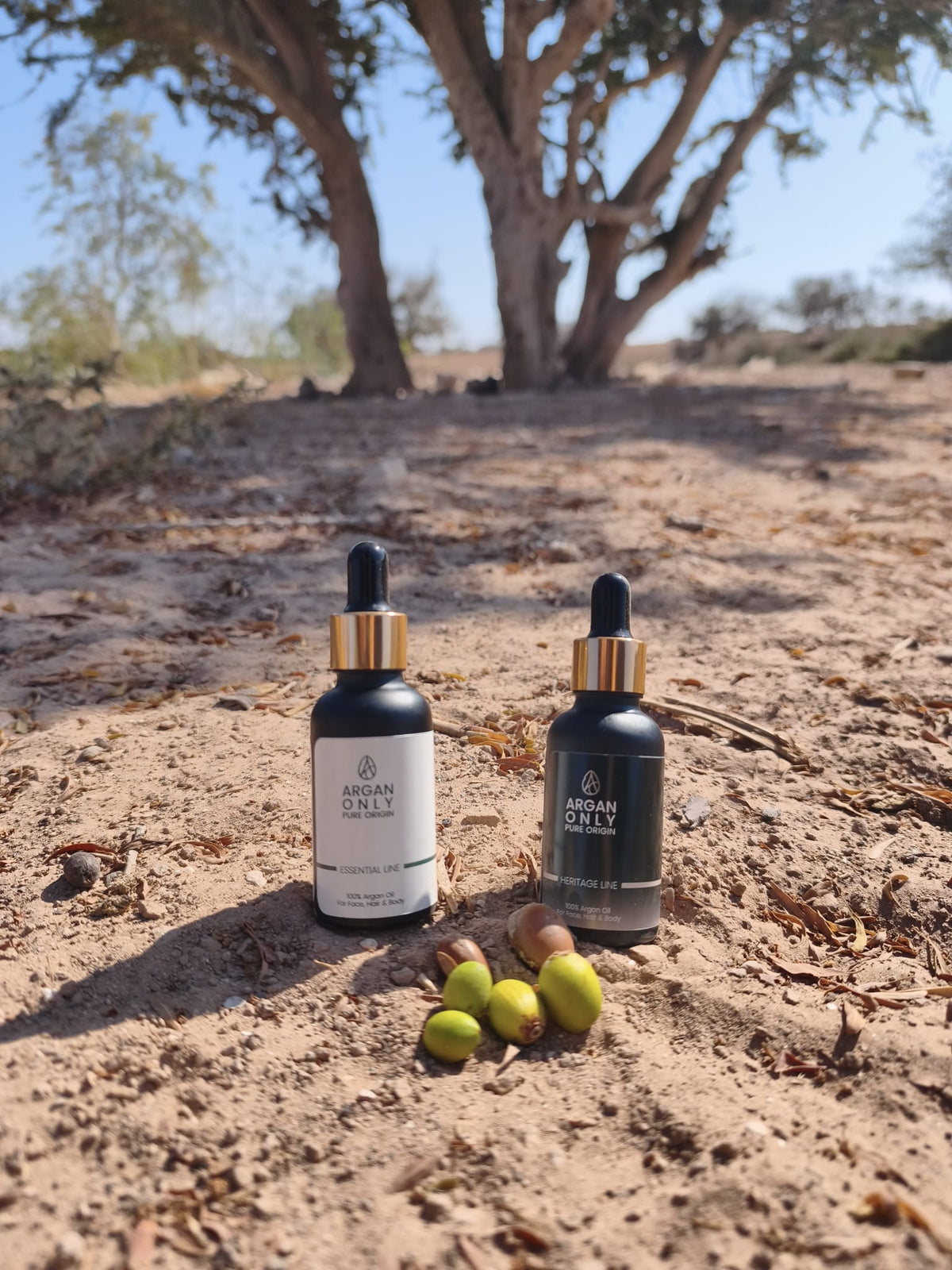 Argan Only Essential en Heritage arganolie onder een arganboom, met arganvruchten op de voorgrond