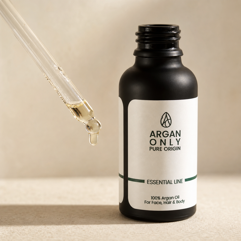 Huile d’argan Essential — Flacon ouvert et pipette